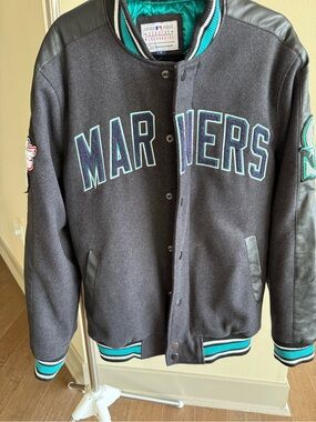 Seattle Mariners Black Wool & Leather Varsity Jacket with Teal Trim